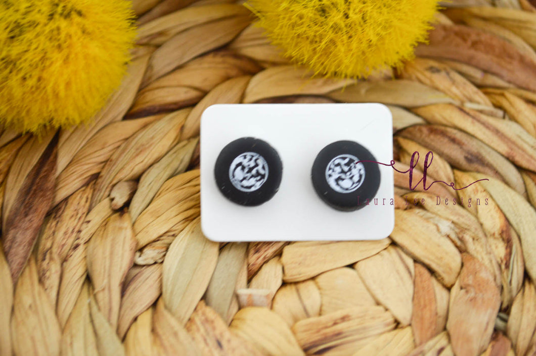 Round Clay Stud Earrings || Black and White Moon Print