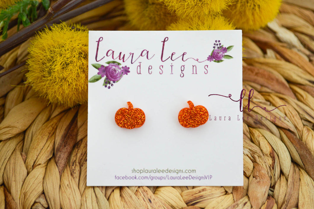 Pumpkin Stud Earrings || Orange Glitter