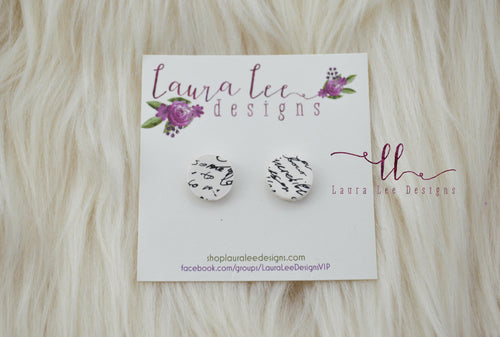 Round Clay Stud Earrings || Black and White Love Letters