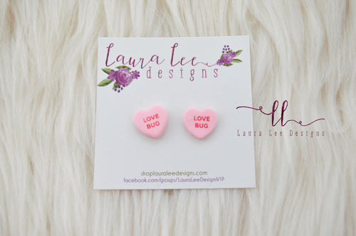Conversation Heart Stud Earrings || Pink Love Bug || Made to Order
