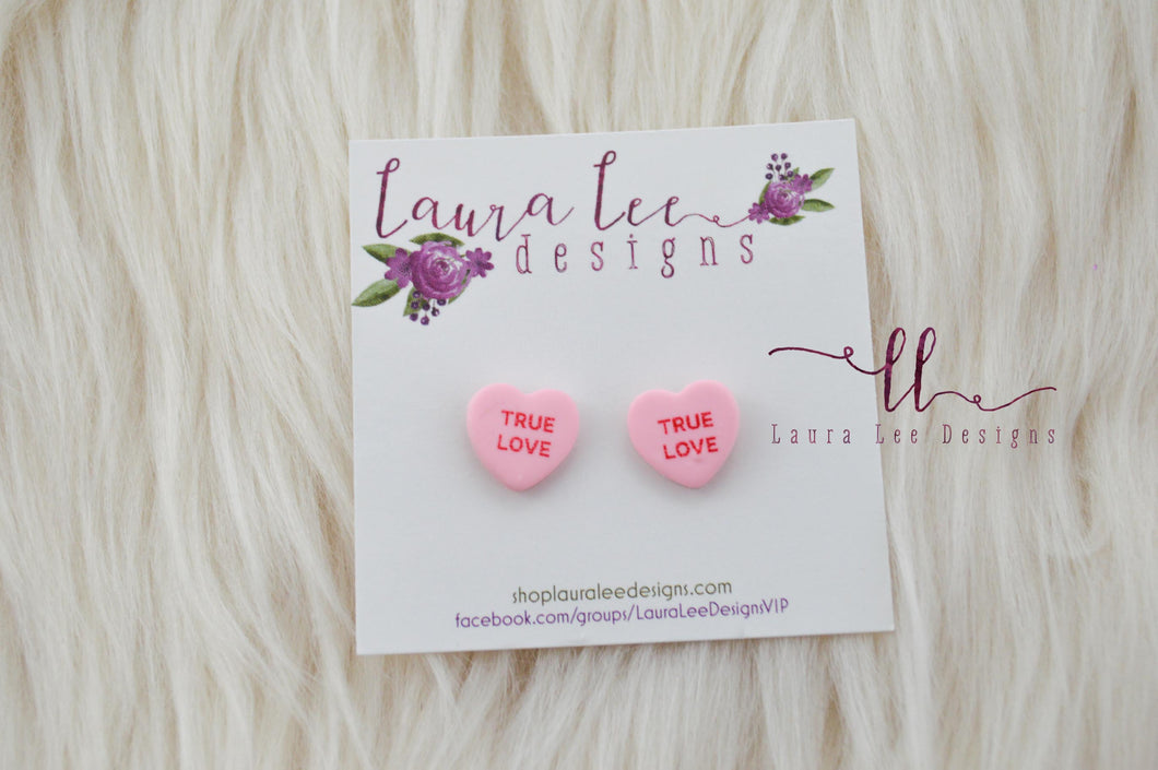 Conversation Heart Stud Earrings || Pink True Love