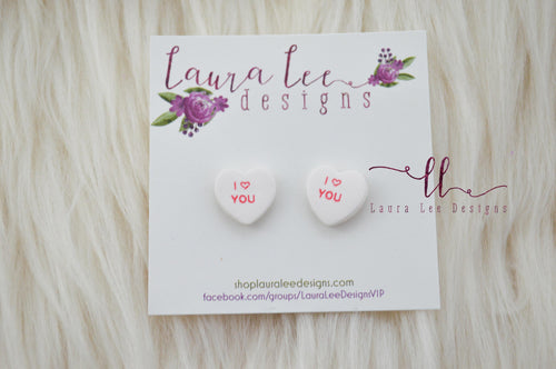 Conversation Heart Stud Earrings || White I Love You ||Made to Order