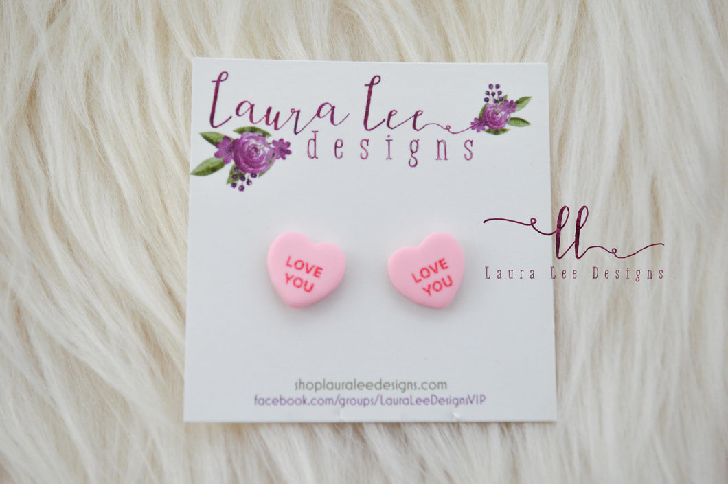 Conversation Heart Stud Earrings || Pink Love You