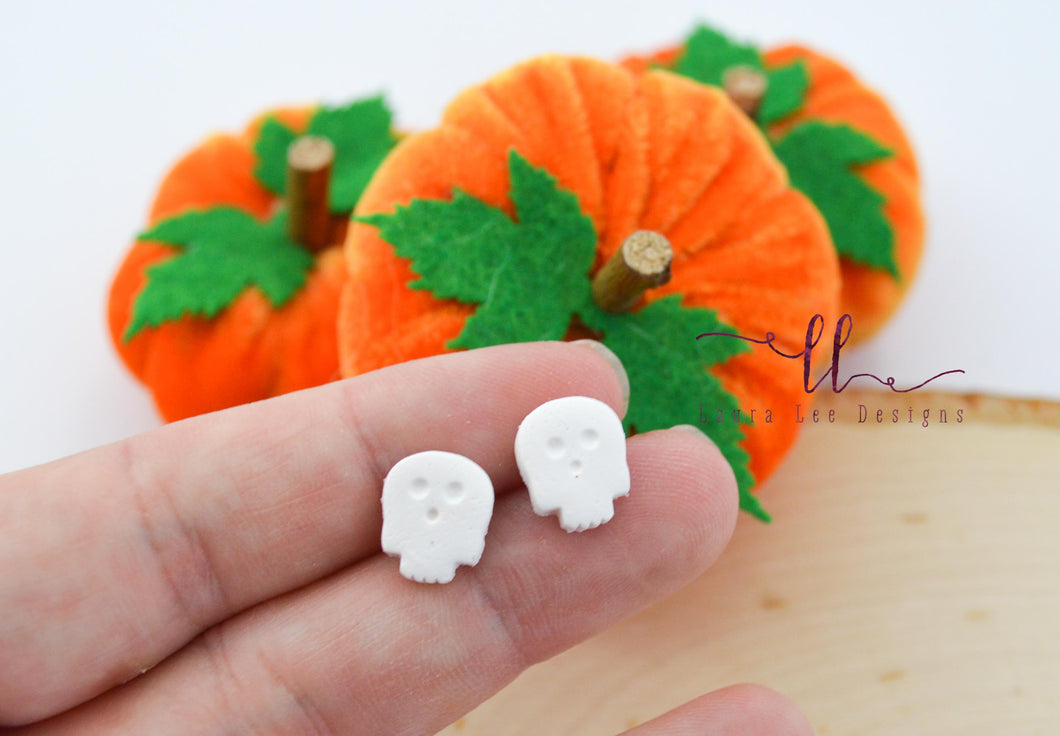 Clay Skull Stud Earrings || White || Made to Order
