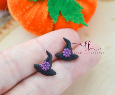 Clay Witch Hats Stud Earrings || Black with Purple Floral|| Made to Order