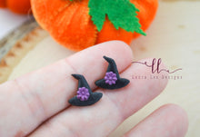 Clay Witch Hats Stud Earrings || Black with Purple Floral|| Made to Order
