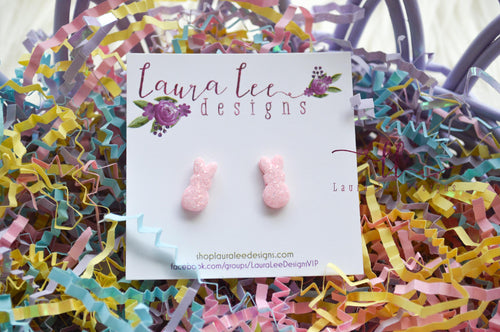 Clay Stud Earrings || Pink Glitter Bunnies || Made to Order