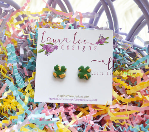 Clay Stud Earrings || Green and Gold 4 Leaf Clovers || Made to Order