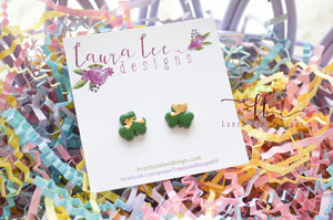 Clay Stud Earrings || Green and Gold 3 Leaf Clovers