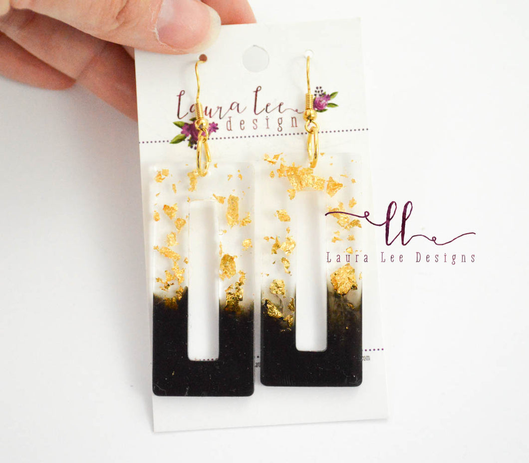 Resin Earrings || Black and Gold Rectangle