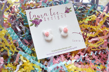 Clay Stud Earrings || White Bunnies with Pink Flowers || Made to Order