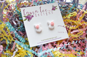 Clay Stud Earrings || White Bunnies with Pink Flowers || Made to Order