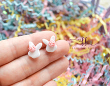 Clay Stud Earrings || White Bunnies with Pink Flowers || Made to Order