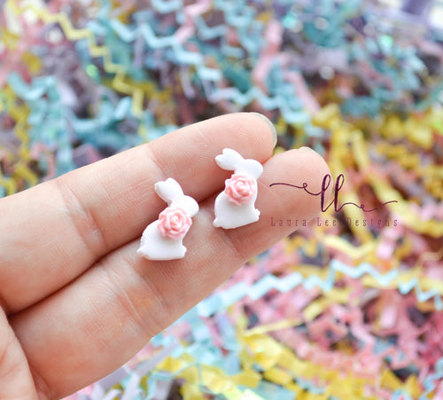 Clay Stud Earrings || White Bunnies with Pink Flowers || Made to Order