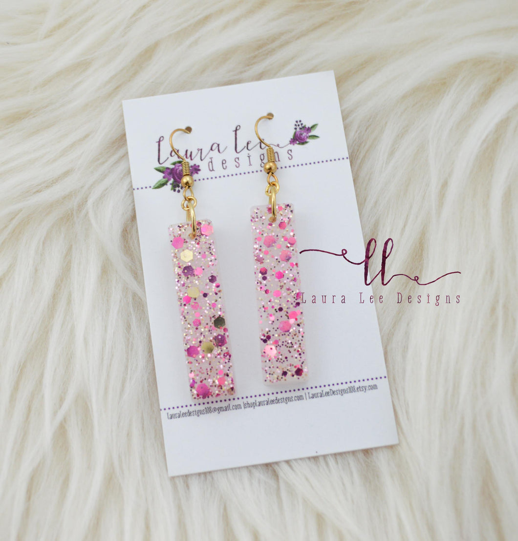 Bar Drop Resin Earrings || Palace Pink Glitter