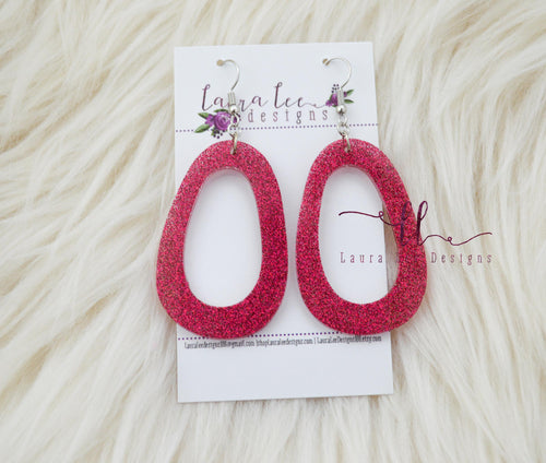 Fat Teardrop Resin Earrings || Dark Pink Fine Glitter || Silver Finish