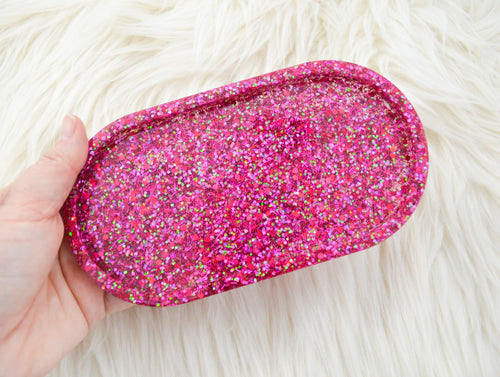 Oval Resin Trinket Tray || Pink Confetti Glitter