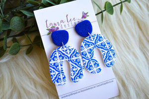 Curved Nova Small Arch Clay Earrings || Blue and White || Made to Order