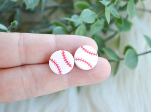 Round Clay Stud Earrings || Baseballs