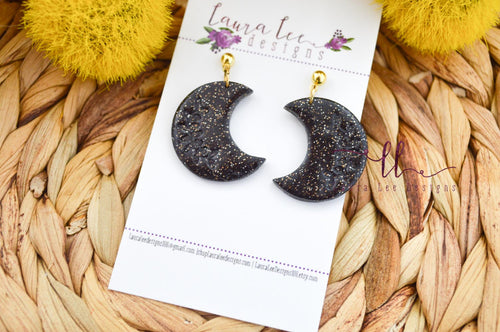 Moon Clay Earrings || Black and Gold || Made to Order
