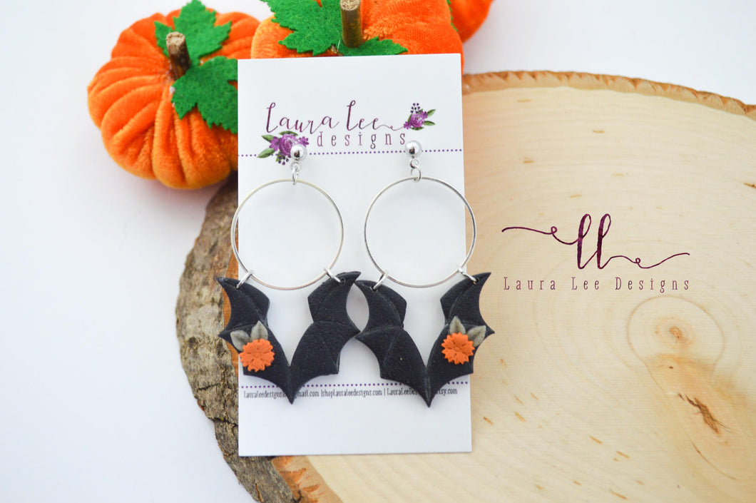 Bats Clay Earrings || Black Floral || Made to Order