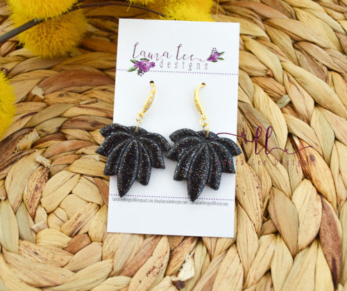 Large Lotus Flower Clay Earrings || Black and Gold Glitter