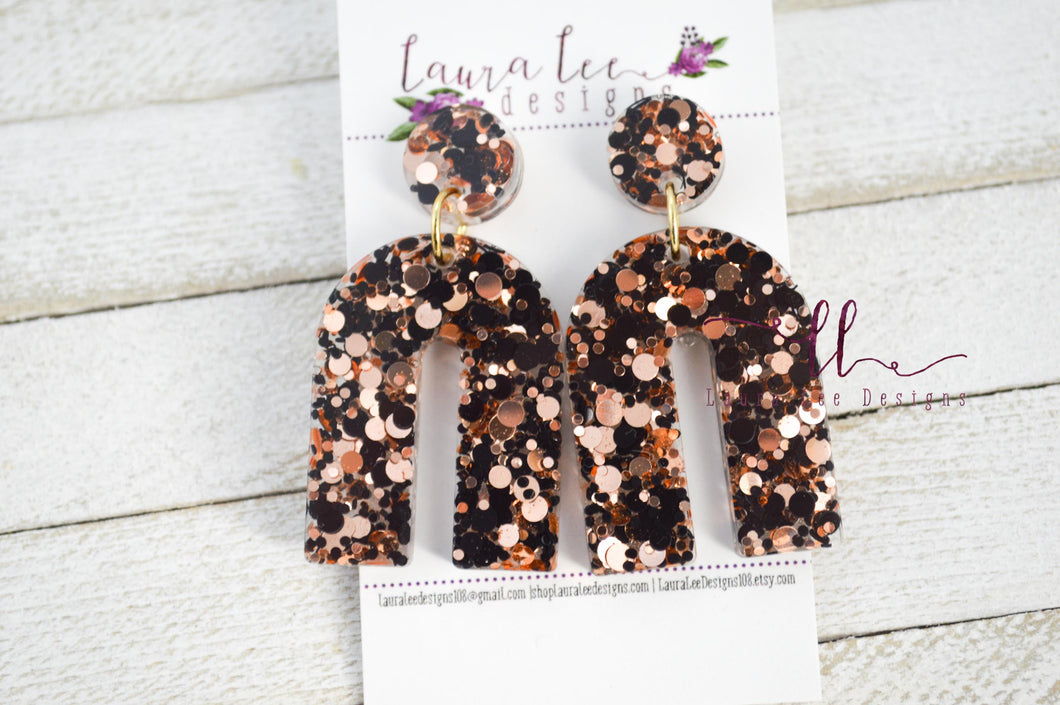 Stud Arch Resin Earrings || Black and Rose Gold Glitter