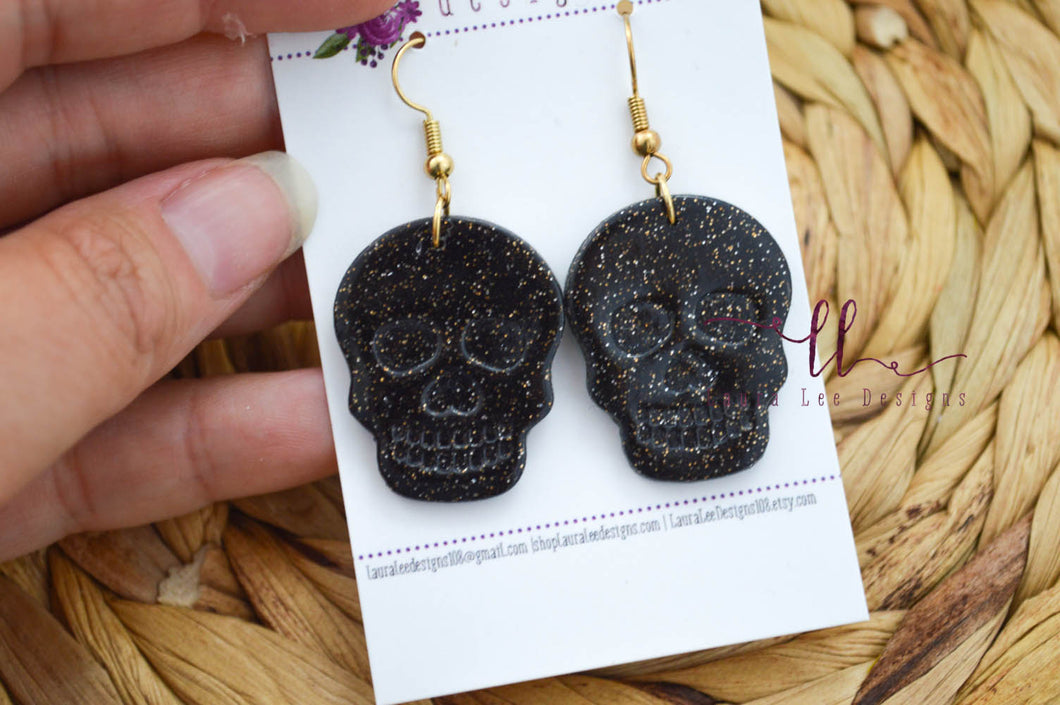 Skull Clay Earrings || Black and Gold Glitter