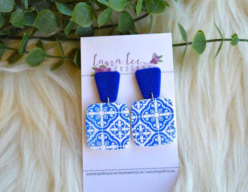 Angel Square Clay Earrings || Blue and White
