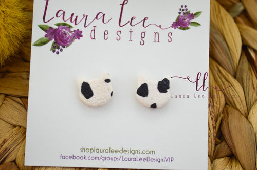 Cat Clay Stud Earrings || White and Black Spotted