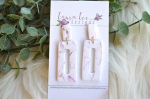 Miley Style Rectangle Clay Earrings || Coral Gold and White