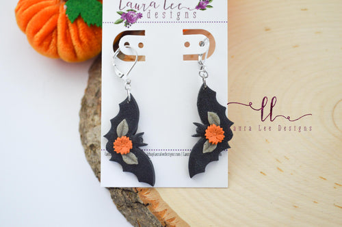 Hanging Bats Clay Earrings || Floral Black Bats || Made to Order