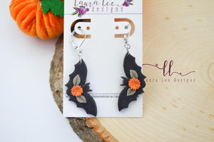 Hanging Bats Clay Earrings || Floral Black Bats || Made to Order