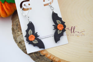 Hanging Bats Clay Earrings || Floral Black Bats || Made to Order