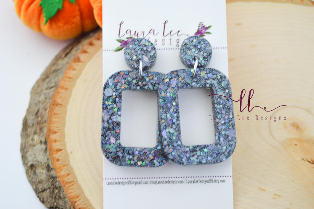 Rounded Rectangle Resin Earrings || Gray Holographic Chunky Glitter