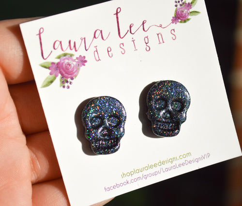 Skull Stud Earrings || Dark Gray Holographic Glitter Skulls