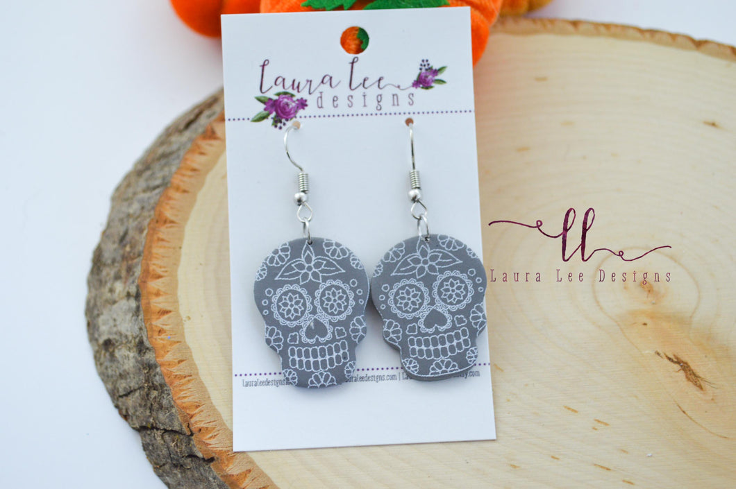 Skull Clay Earrings || Gray Sugar Skulls || Made to order