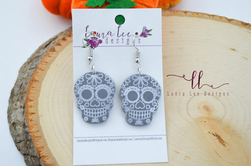 Skull Clay Earrings || Gray Sugar Skulls || Made to order