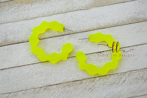Scallop Hoops Resin Earrings || Neon Yellow Glitter