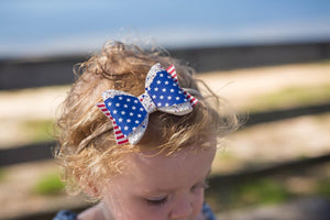 Annie Style Bow || Stars and Stripes Faux Leather and USA Glitter Bow || Choose Nylon Headband or Clip