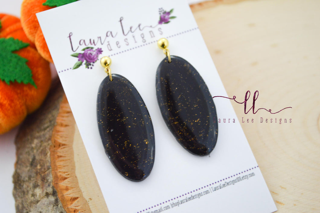 Jackie Oval Clay Earrings || Black and Gold