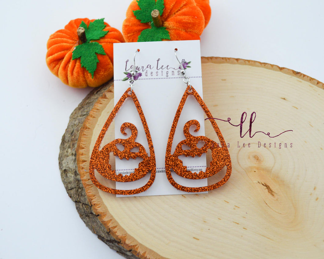 Resin Earrings || Orange Glitter Jack O Lantern Large Teardrop