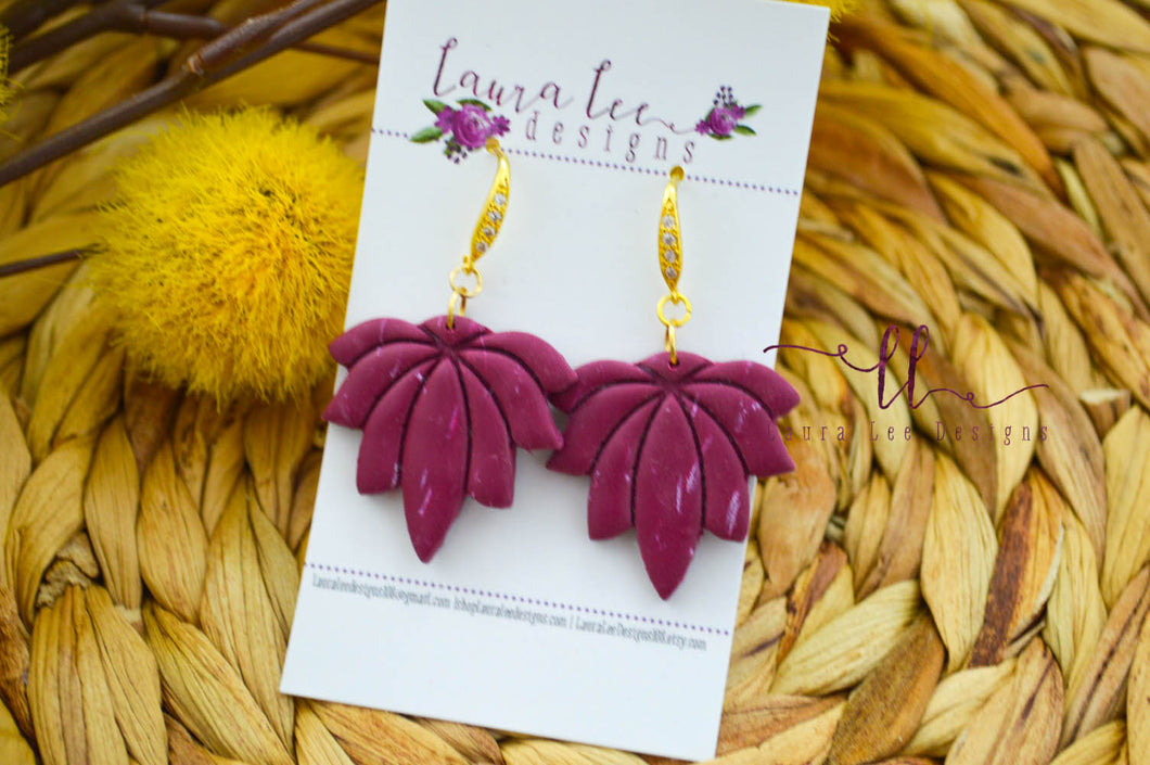 Large Lotus Flower Clay Earrings || Burgundy