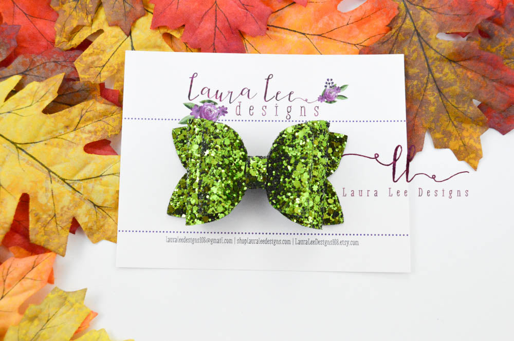 Stacked Izzy Style Bow || Moss Green Chunky Glitter