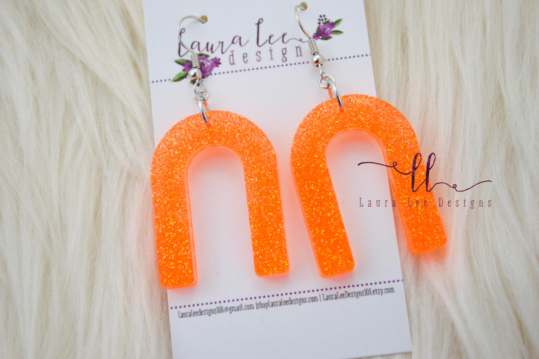 Arch Resin Earrings || Neon Orange Glitter