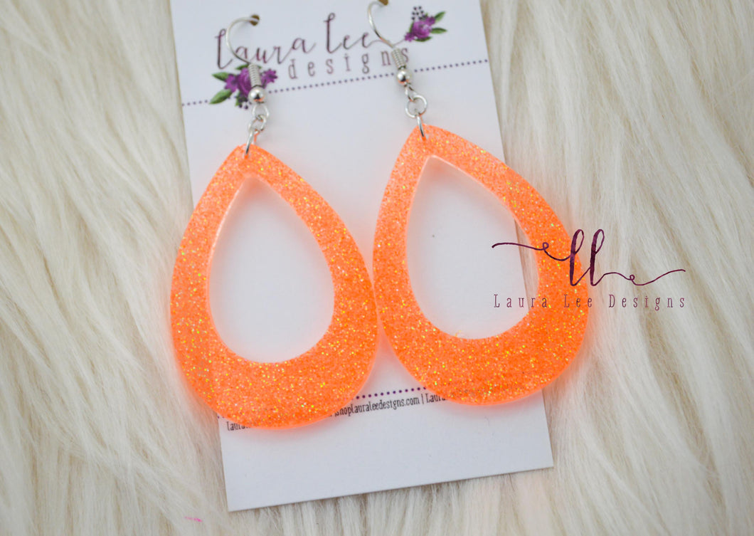 Teardrop Resin Earrings || Neon Orange Glitter