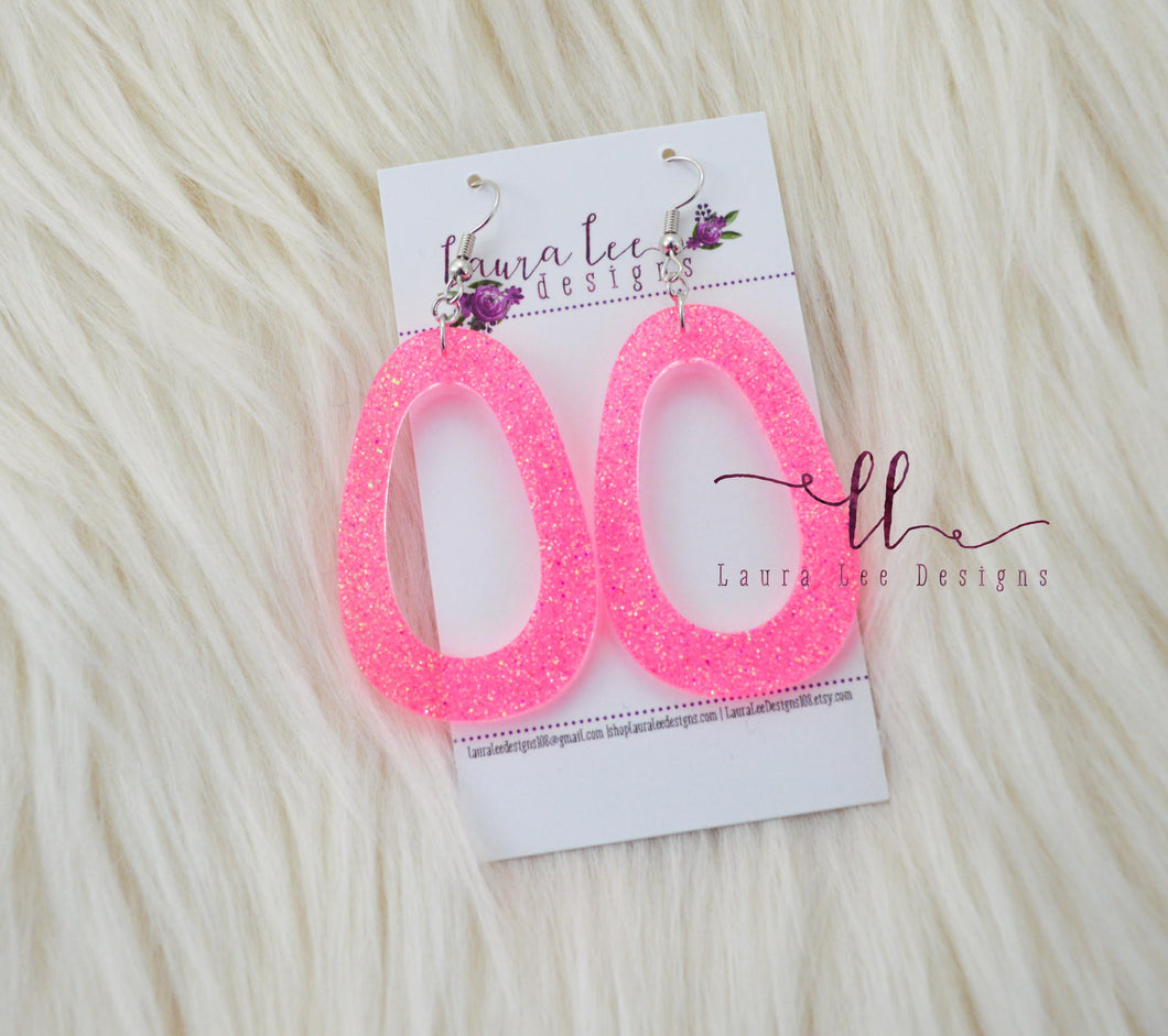 Fat Teardrop Resin Earrings || Neon Pink Glitter