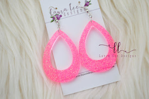Teardrop Resin Earrings || Neon Pink Glitter