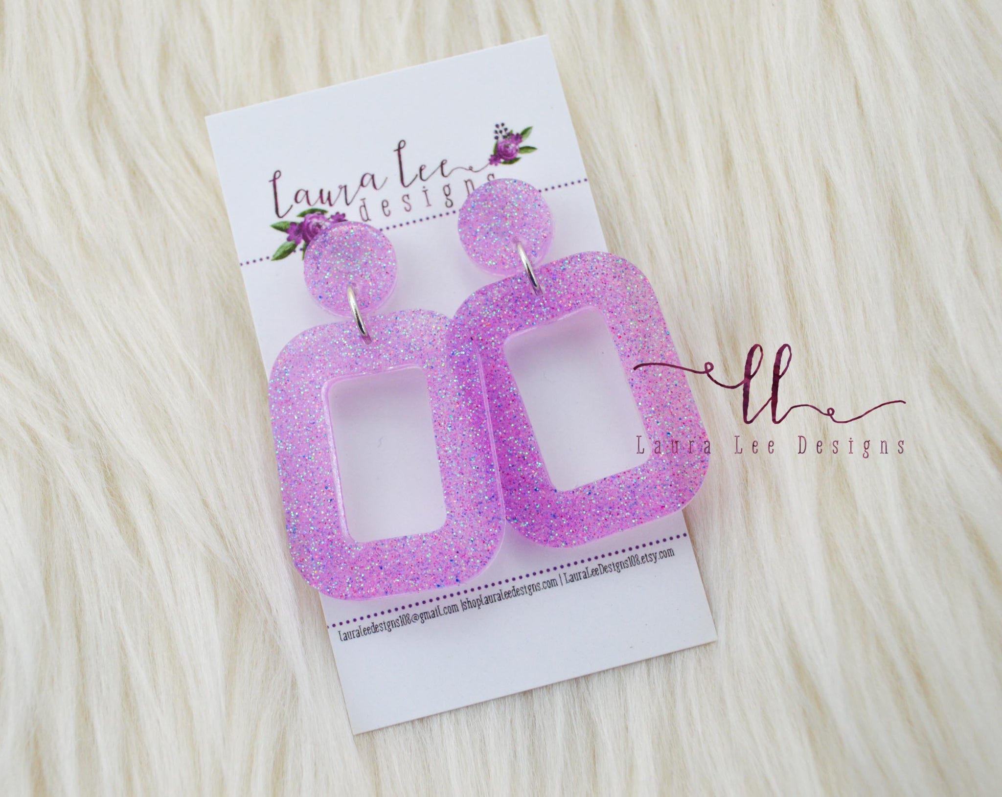 Purple Resin Hoop Earrings with Glitter Inclusion, Golden Brass Studs with Little Bees
