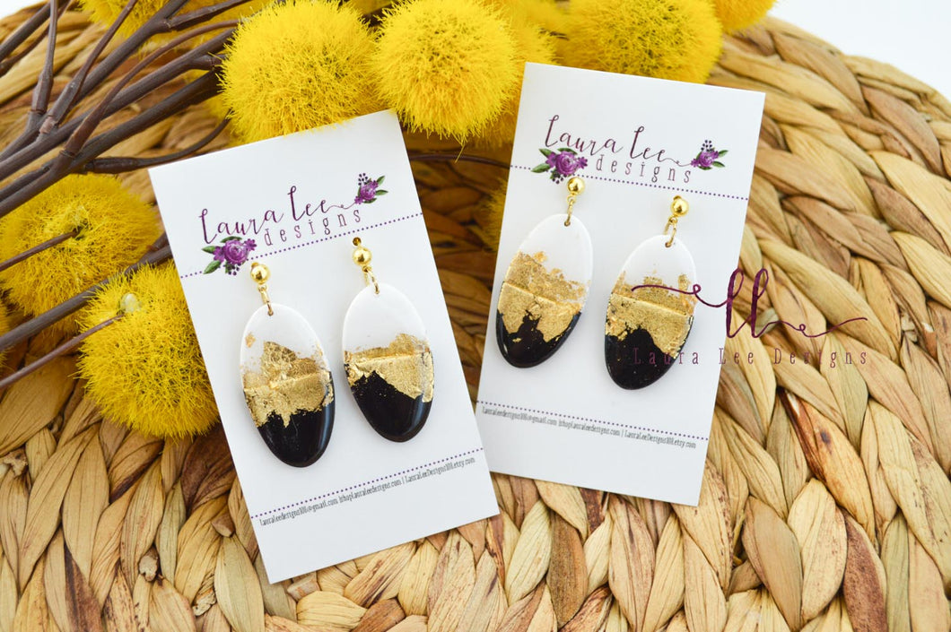 Jackie Oval Clay Earrings || Black, White, and Gold